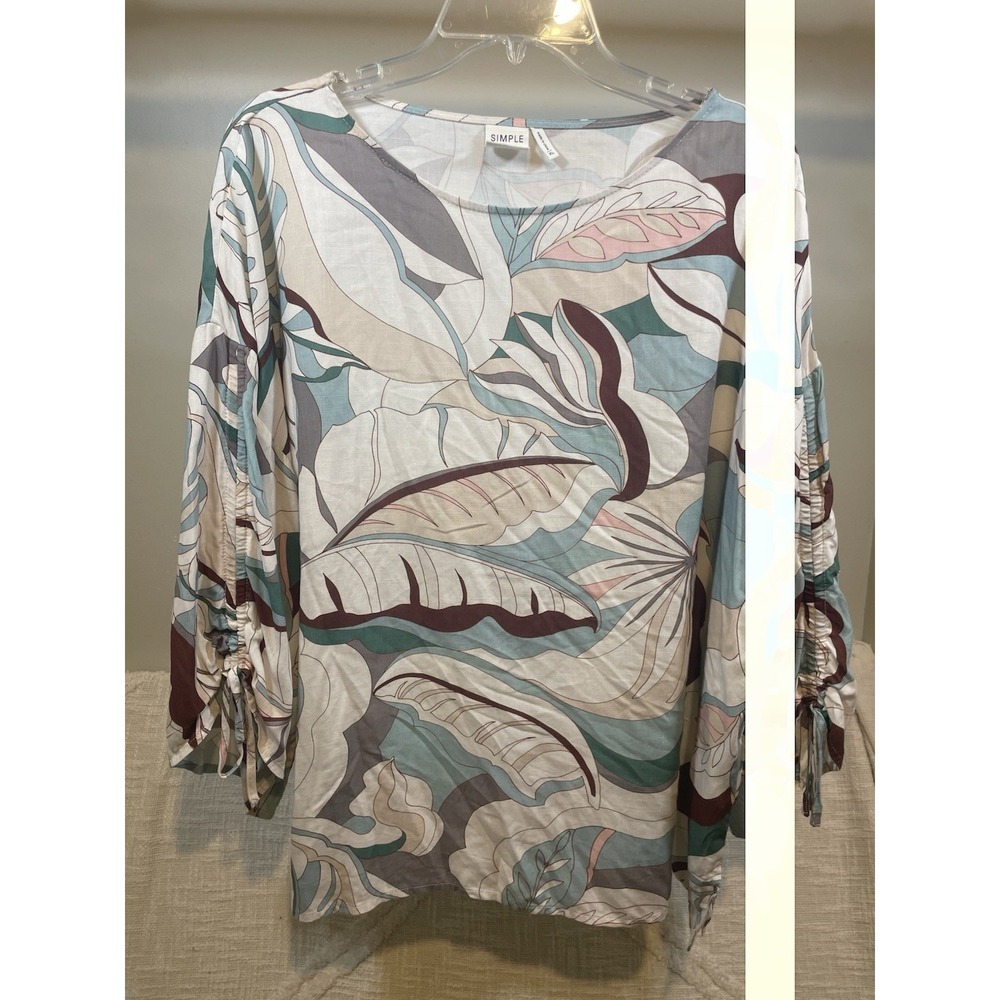 Simple Suzanne Betro Floral Turquoise Brown Tie Sleeve Oversized Blouse Womens L